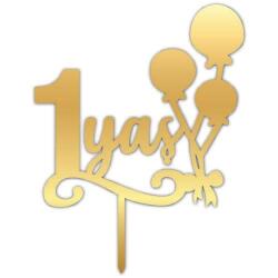 1 Yaş Yazılı Balonlu Pasta ve Cupcake Süsü Gold Pleksi 12x14cm - Partici