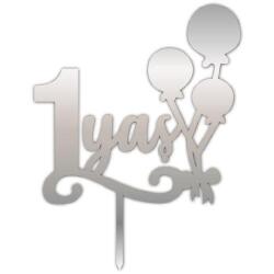 1 Yaş Yazılı Balonlu Pasta ve Cupcake Süsü Gümüş Pleksi 12x14cm - Partici