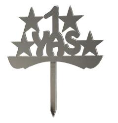 1 Yaş Yazılı Pasta ve Cupcake Süsü Gümüş Pleksi 12x15cm - 