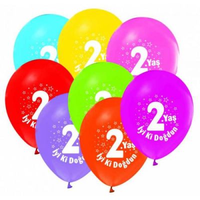 2 Yaş Baskılı Karışık Renk Balon 5'li Paket - 1