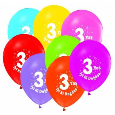 3 Yaş Baskılı Karışık Renk Balon 5'li Paket - 1