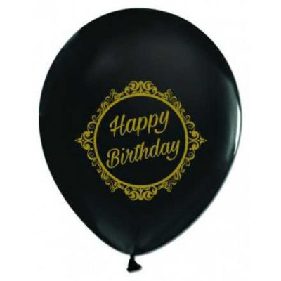 Altın Happy Birthday Baskılı Siyah Balon 5'li Paket