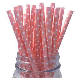 Beyaz Puantiyeli Karton Pipet Pembe - 