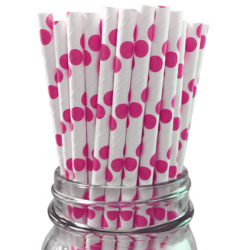 Fuşya Puantiyeli Karton Pipet - 