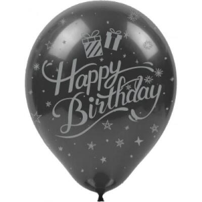 Gümüş Happy Birthday Baskılı Siyah Balon 5'li Paket - 1