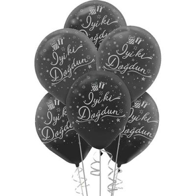 Gümüş İyiki Doğdun Baskılı Siyah Balon 5'li Paket - 1