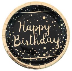 Happy Birthday Altın Varaklı Siyah Tabak 6'lı - Partici
