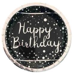 Happy Birthday Gümüş Varaklı Siyah Karton Tabak 6'lı - Partici