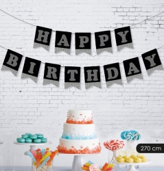 Happy Birthday Siyah Gümüş Harf Banner - Partici