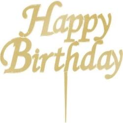 Happy Birthday Yazılı Pasta ve Cupcake Süsü Altın Pleksi 14x15cm - 