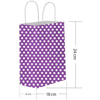 Mor Puantiyeli Büküm Saplı Kağıt Çanta 18x24cm - 1