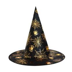 Örümcek Desenli Siyah Kumaş Cadı Şapkası - Partici