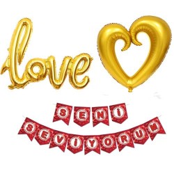 Sevgililer Günü Dekarasyon Seti Altın 3 Parça - Partici