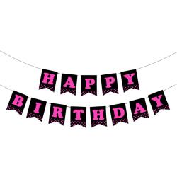 Happy Birthday Siyah Fuşya Harf Banner - Partici