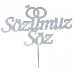 Sözümüz Söz Yazılı Pasta ve Cupcake Süsü Gümüş Pleksi 12x15cm - Partici