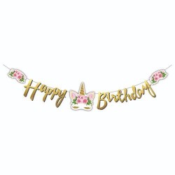 Unicorn Çiçekli Happy Birhday Banner - Partici
