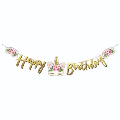 Unicorn Çiçekli Happy Birhday Banner - 1