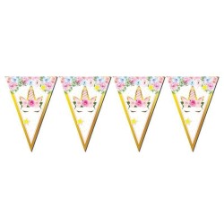 Unicorn Çiçekli Üçgen Flama - 