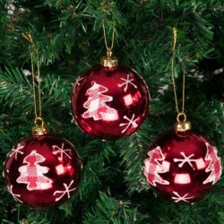 Yılbaşı Ağacı Süsleme Topları Ağaç Desenli Kirmizi 8 cm 3'lü - 